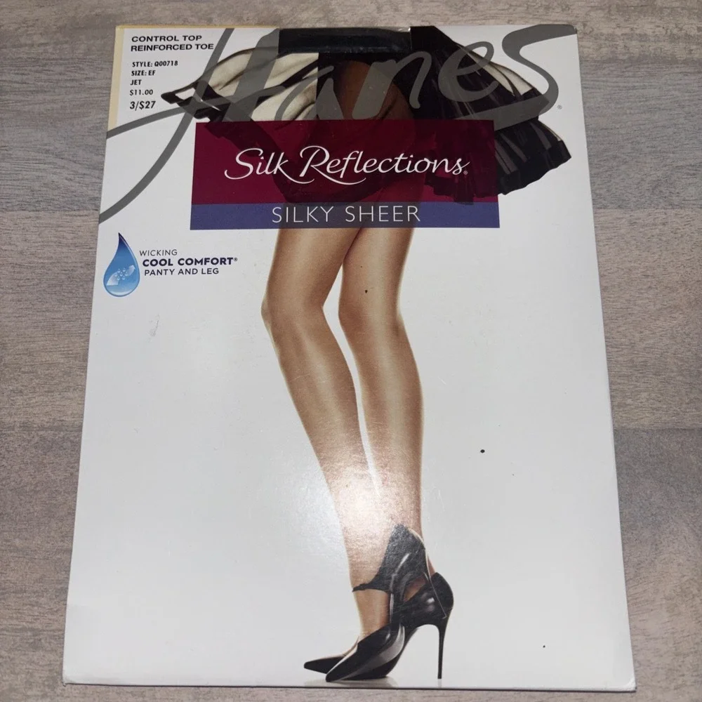 Pantyhose Hanes Sheer Silk Reflections Control Top Cool Comfort Sz EF Jet Black